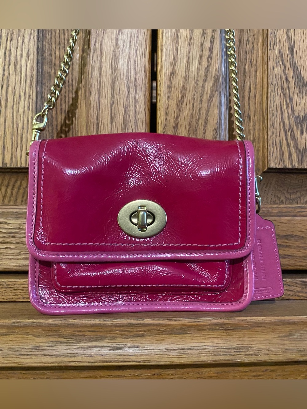 Coach Legacy turnlock pink & red patent leather mini crossbody bag w/ Gold Chain